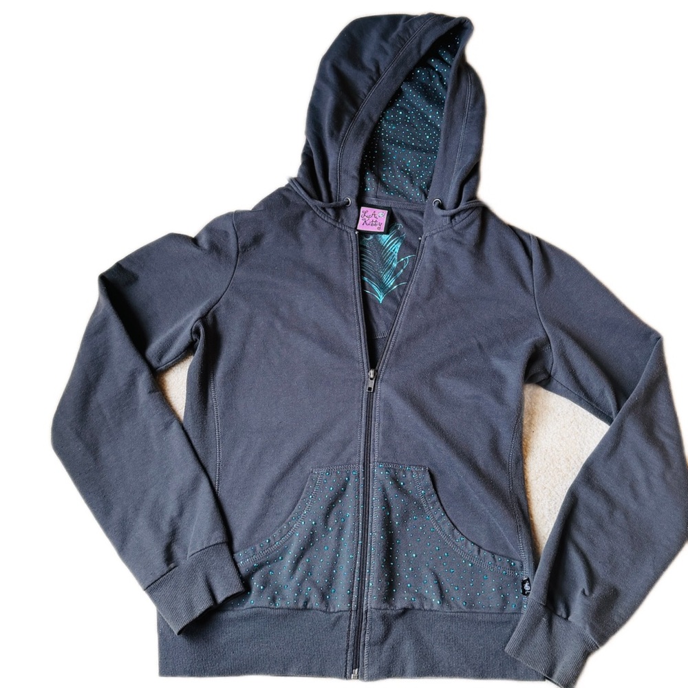 LA Kitty Y2K Gray Zip Hoodie Beaded Pocket Detail Juniors L (Fits Women’s S)